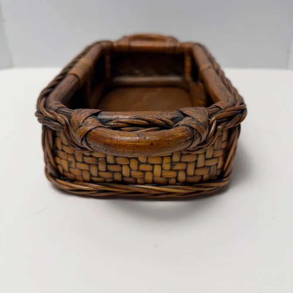 VTG Rattan Wrapped Wood Serving Tray Basket w Handles Boho 13x6 Sturdy Cottage